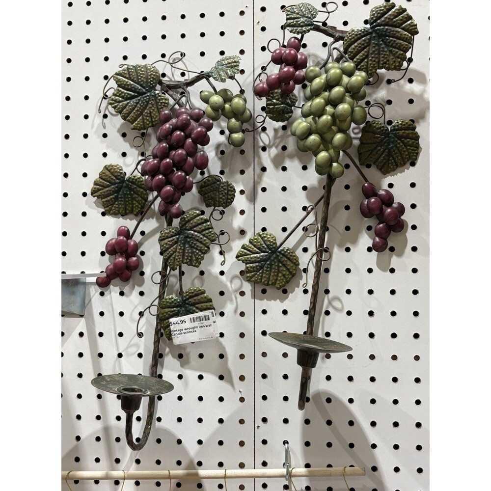 Vintage Wrought Iron Grapes Wall Candle Sconces, Green Purple Decorative Fruit